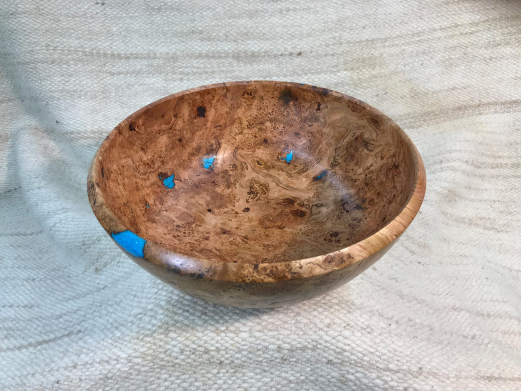 Cherry Burl with Turquoise colored inlay, 12x5 inches by Sandy Renna