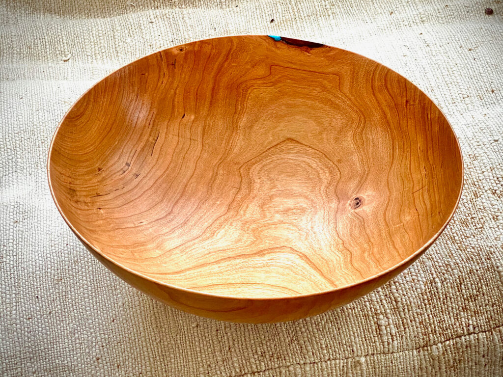 Cherry, thin 1/8 inch bowl, turquoise colored inlay, hand-made, 10 x 3 inches, $125