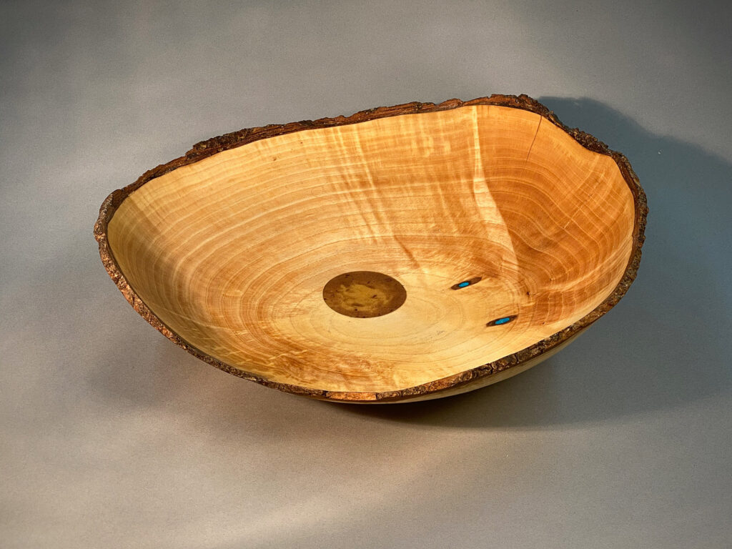Ash burl, natural bark rim,  turquoise colored inlay, hand-made, 15 x 4 inches, $175